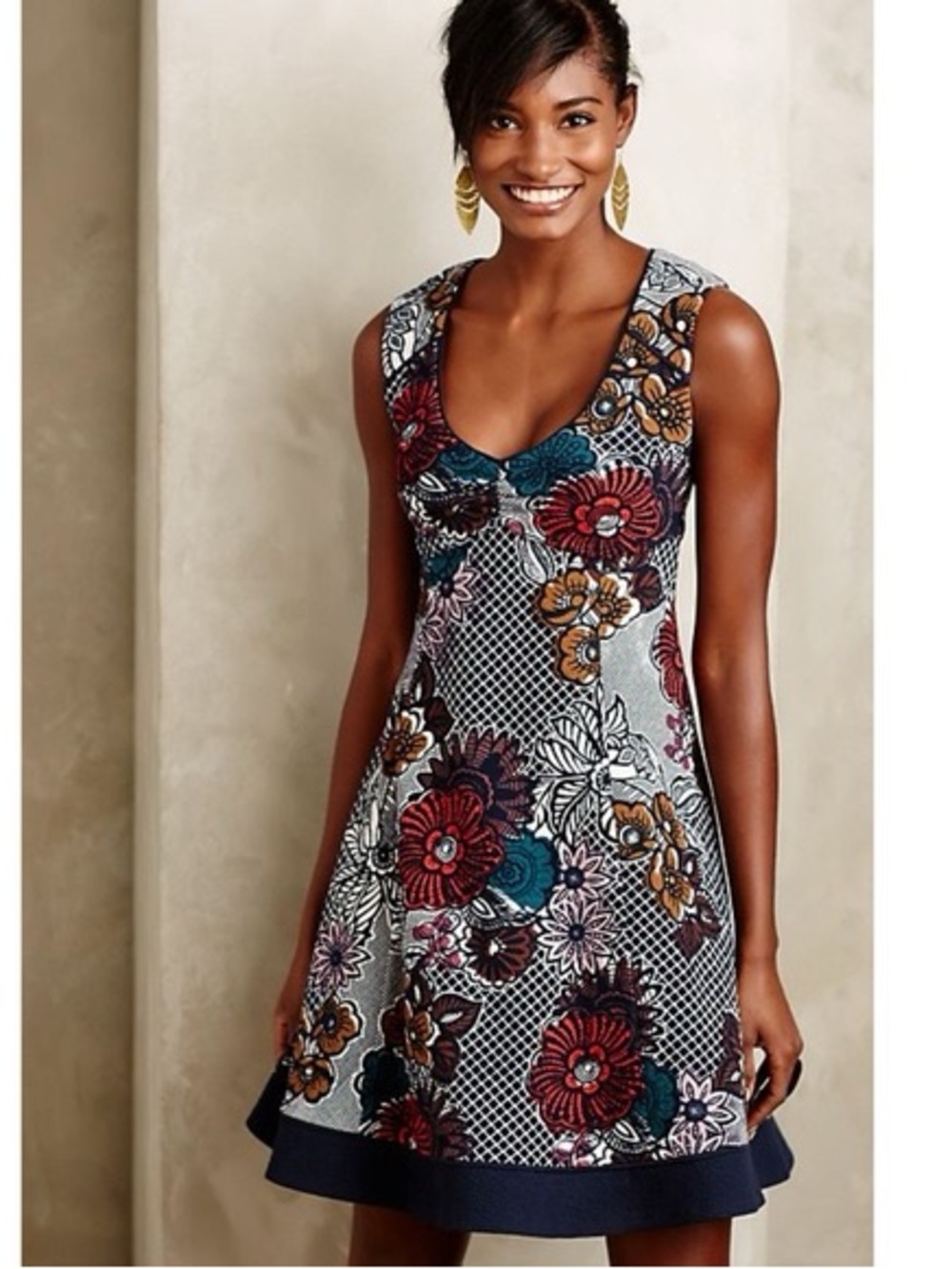 Maeve Fairchild Cap Sleeve Navy Blue and Multi Floral Print A-Line Casual Dress